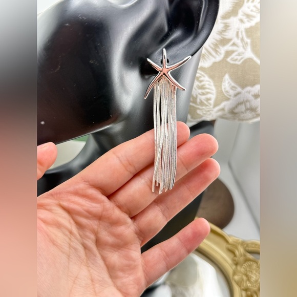 Silver Starfish Tassel Earrings – Coastal Glam - Picture 4 of 5